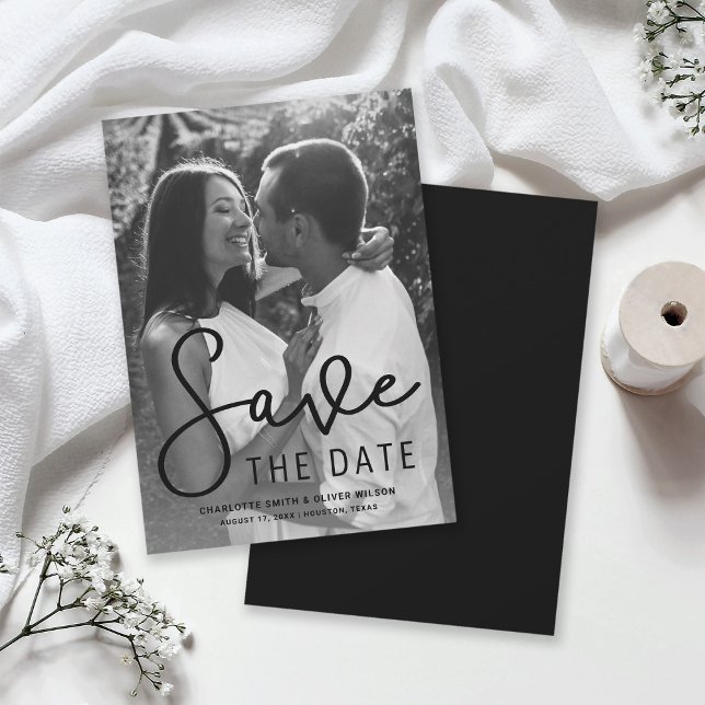 Modern Script Vertical Photo Save the Date Card (Creator Uploaded)