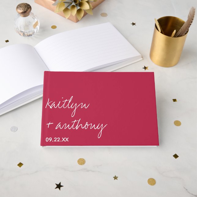 Modern Script Viva Magenta Minimalistic Wedding Guest Book (Front Open)