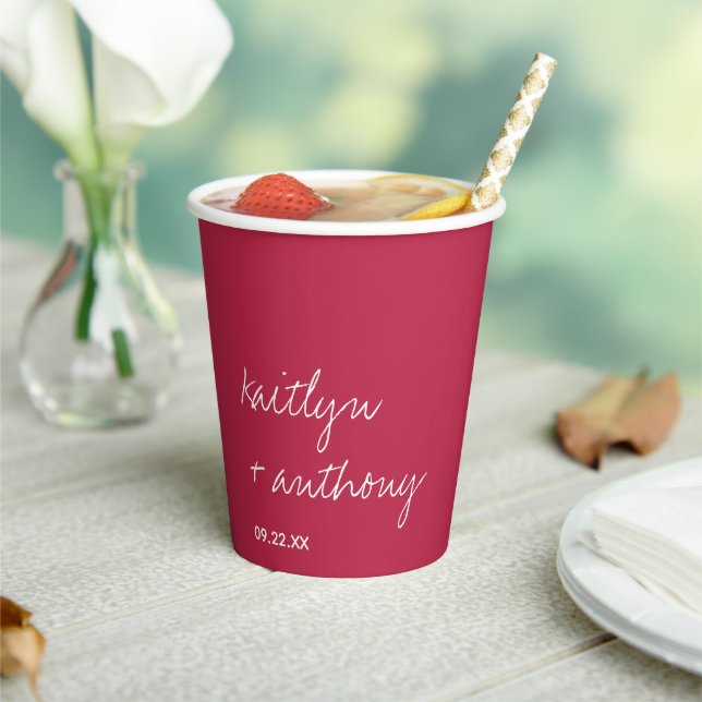 Modern Script Viva Magenta Minimalistic Wedding Paper Cups (Insitu)