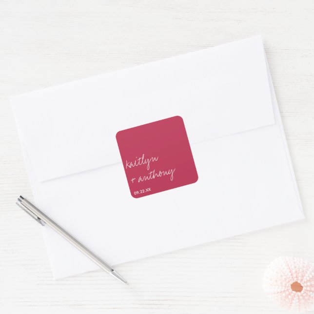 Modern Script Viva Magenta Minimalistic Wedding Square Sticker (Envelope)