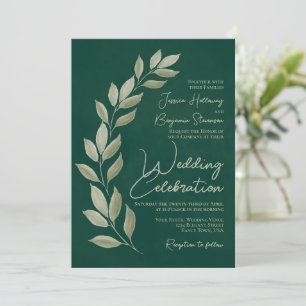 Modern Script Watercolor Emerald Greenery Wedding Invitation