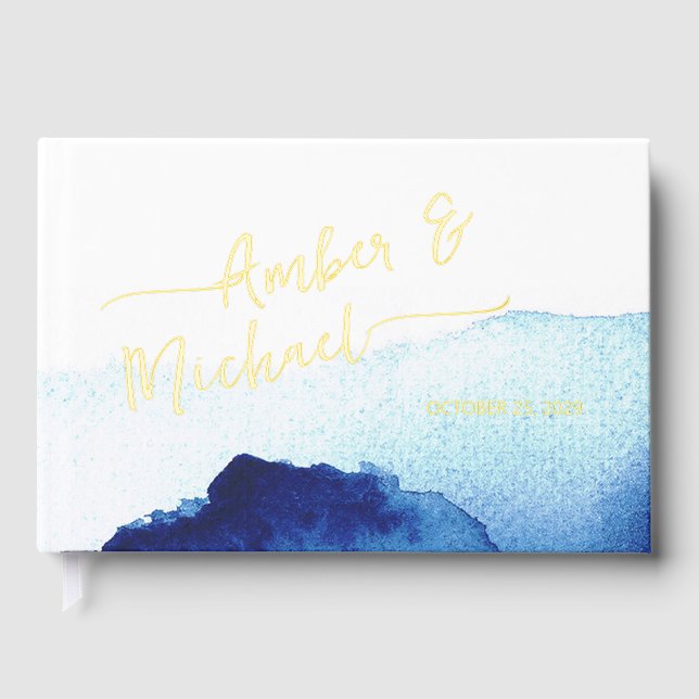 Modern Script Watercolor Indigo Blue Guest Book (Front)