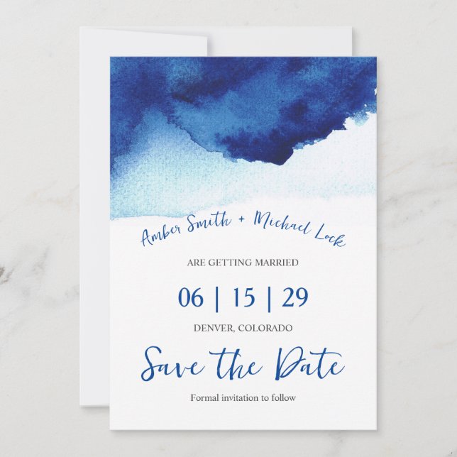 Modern Script Watercolor Indigo Blue Photo Save The Date (Front)