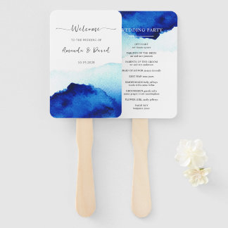 Modern Script Watercolor Indigo Blue Wedding Hand Fan