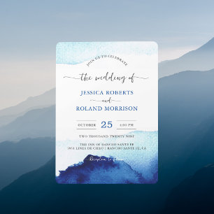 Modern Script Watercolor Indigo Blue Wedding Invitation