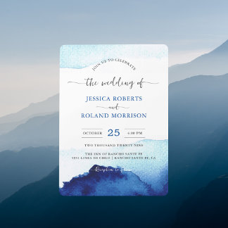 Modern Script Watercolor Indigo Blue Wedding Invitation