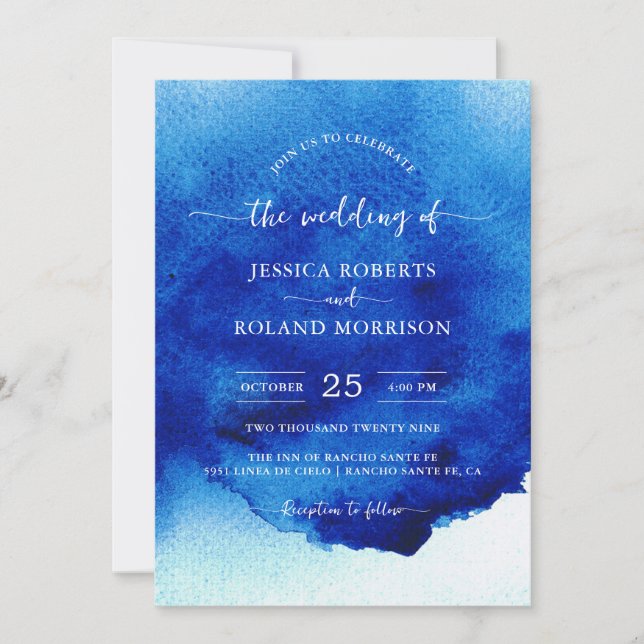 Modern Script Watercolor Indigo Blue Wedding Invitation (Front)