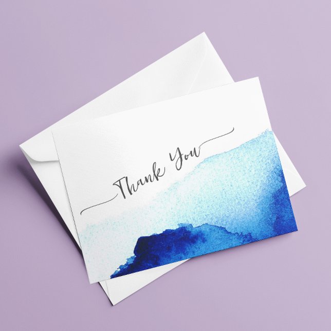 Modern Script Watercolor Indigo Blue Wedding Thank You Card (Creator Uploaded)