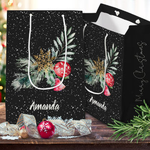 Modern Script Watercolor Leaves Merry Christmas Medium Gift Bag
