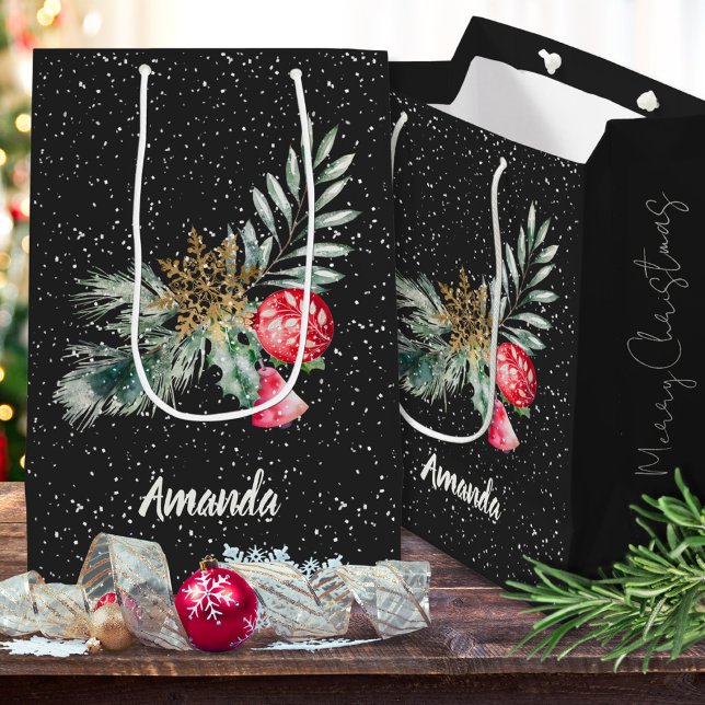 Modern Script Watercolor Leaves Merry Christmas Medium Gift Bag (Creator Uploaded)