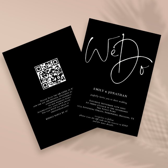 Modern Script We Do QR Code Wedding Black Invitation (Creator Uploaded)