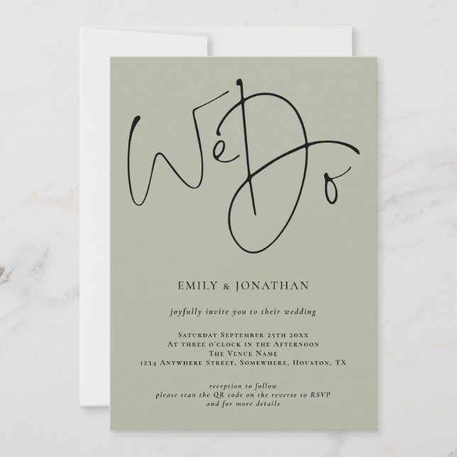Modern Script We Do Soft Sage QR Code Wedding Invitation (Front)