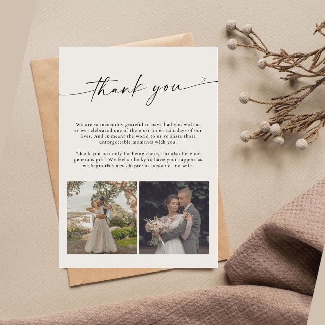 Modern Script Wedding 2 Photos Thank You Card (Creator Uploaded)