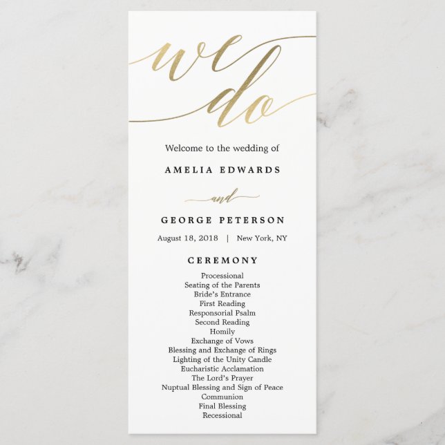 Modern Script Wedding Ceremony Program Faux Gold Programme (Front)