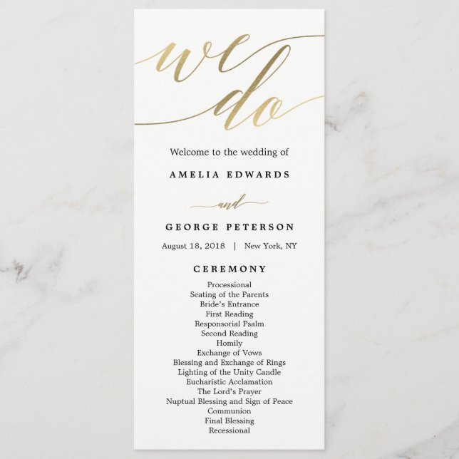 Modern Script Wedding Ceremony Program Faux Gold Programme (Front)
