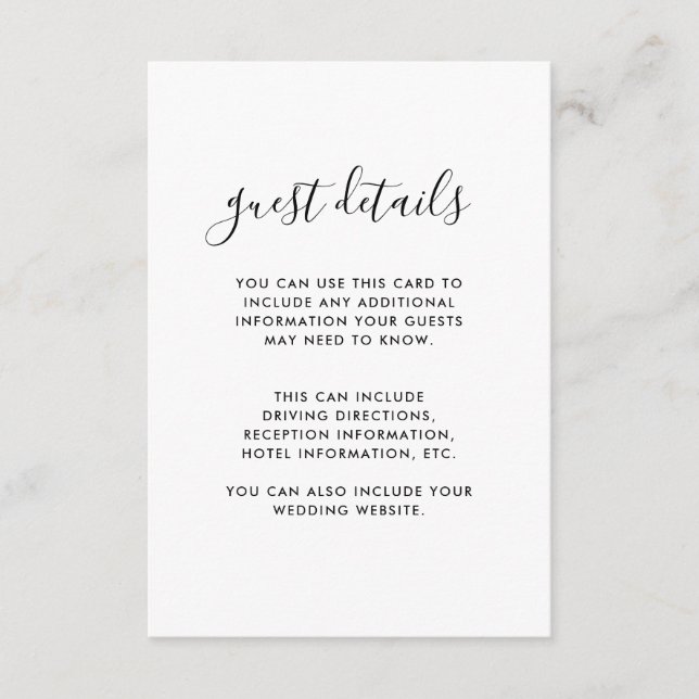 Modern Script Wedding Details Black and White Enclosure Card (Front)