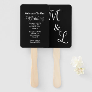 Modern Script Wedding Event Black White Program Hand Fan