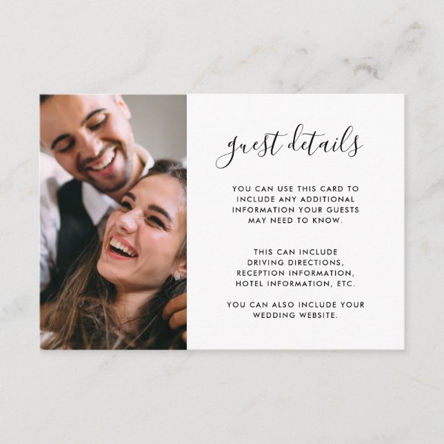Modern Script Wedding Guest Details Photo Black Enclosure Card (Front)