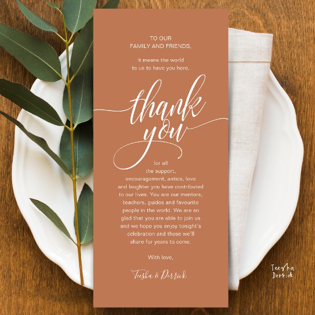 Modern Script Wedding Guest Dinner Thank You Card (Modern Script Wedding Guest Dinner Reception Brunch Lunch Thank You Card in Copper Brown Terracotta)