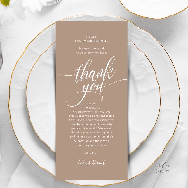 Modern Script Wedding Guest Dinner Thank You Card (Modern Script Wedding Guest Dinner Reception Brunch Lunch Thank You Card in Warm Chic Taupe Brown)