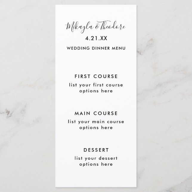 Modern Script Wedding Menu Card Solid Colour Back (Front)