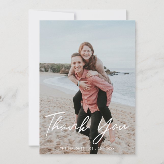 Modern Script Wedding Photo Flat Thank You Card (Front)