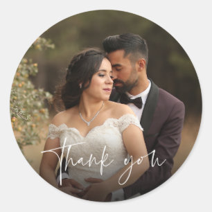 Modern Script Wedding Photo Thank You Favour Classic Round Sticker