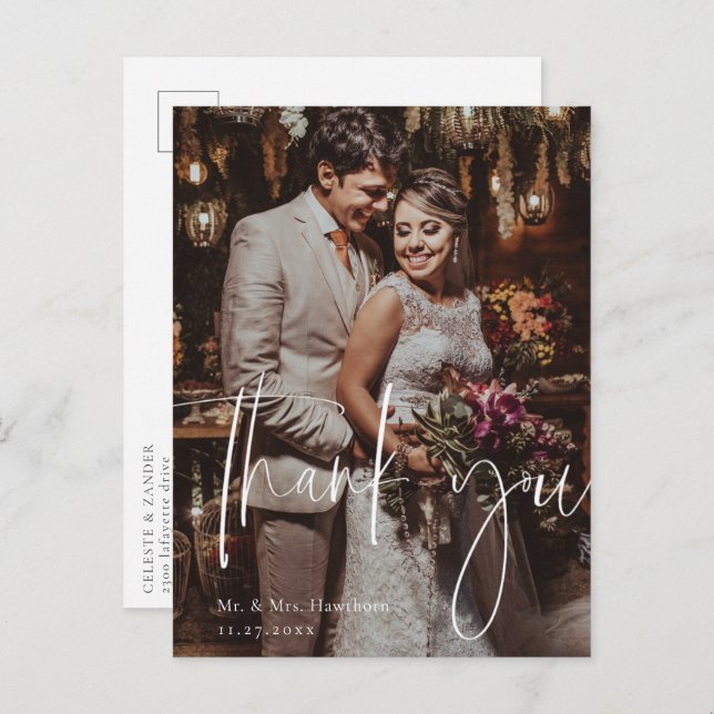 Modern Script Wedding Photo Thank You Postcard (Front/Back)