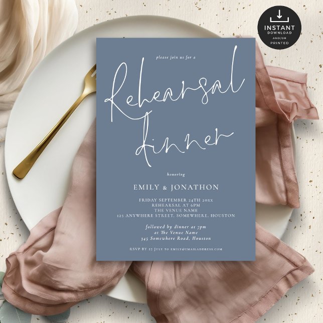 Modern Script Wedding Rehearsal Dinner Dusty Blue Invitation (Creator Uploaded)