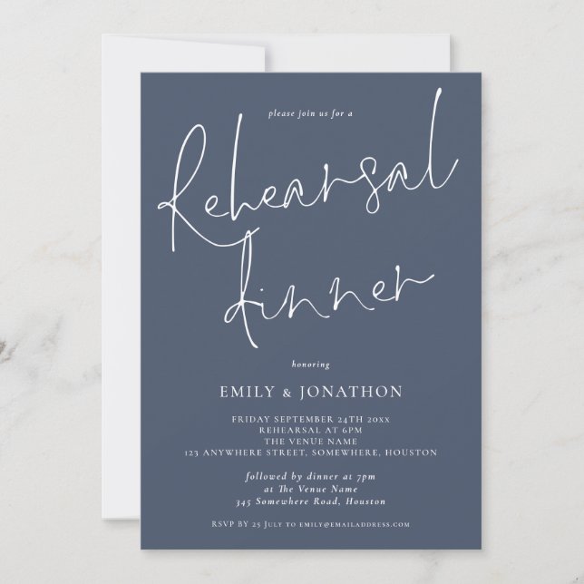 Modern Script Wedding Rehearsal Dinner Dusty Navy Invitation (Front)