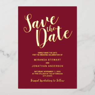 Modern Script Wedding Save the Date Burgundy Gold