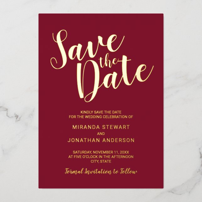 Modern Script Wedding Save the Date Burgundy Gold (Front)