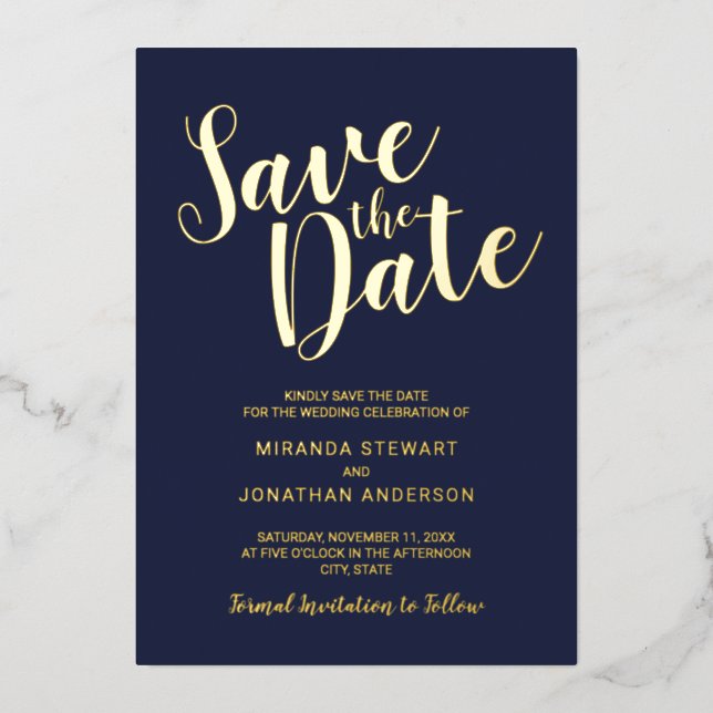 Modern Script Wedding Save the Date Navy and Gold (Front)