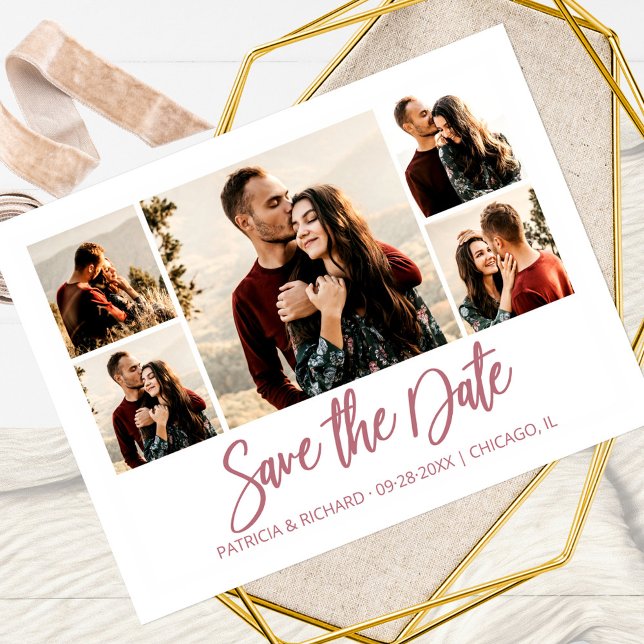 Modern Script Wedding Save The Date Photo Collage Postcard (Creator Uploaded)
