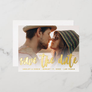 Modern script wedding save the date photo gold foil invitation postcard