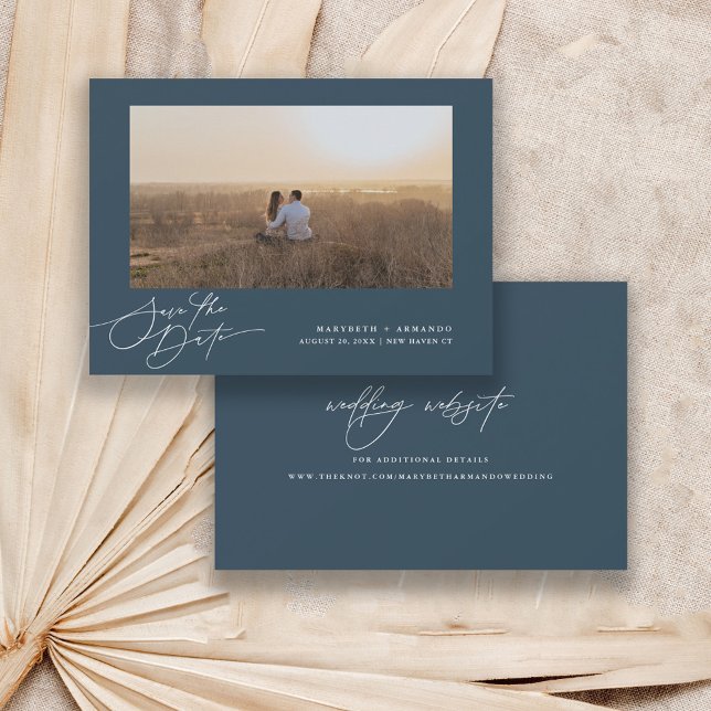 Modern Script Wedding Website Navy Photo  Save The Save The Date (Creator Uploaded)