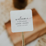 Modern Script Wedding Welcome Square Sticker<br><div class="desc">These modern script wedding welcome stickers are perfect for a minimalist wedding. The simple black and white design features unique industrial lettering typography with modern boho style. Customisable in any colour. Keep the design minimal and elegant, as is, or personalise it by adding your own graphics and artwork. Personalise these...</div>