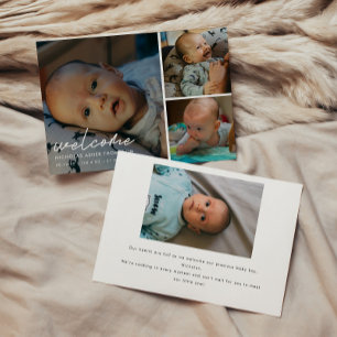 Modern Script "Welcome" 4-Photo Baby Birth Announcement