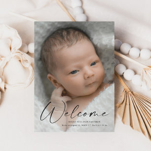 Modern Script Welcome Baby Photo Birth Details Thank You Card