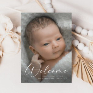 Modern Script Welcome Baby Photo Birth Details Thank You Card