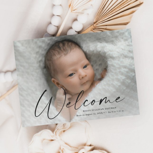 Modern Script Welcome Baby Photo Birth Details Thank You Card (Creator Uploaded)