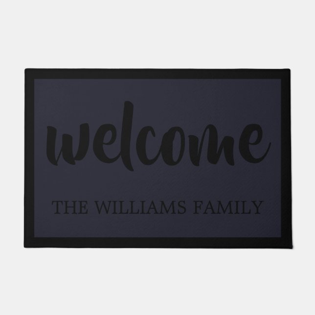 Modern Script Welcome Black Navy Blue Doormat (Front)