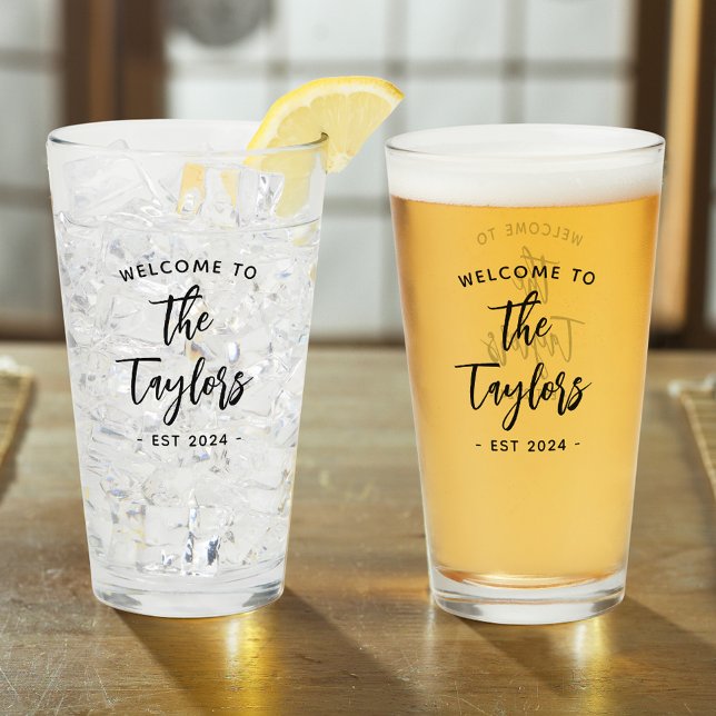 Modern Script Welcome Family Name Est Date Glass (Creator Uploaded)