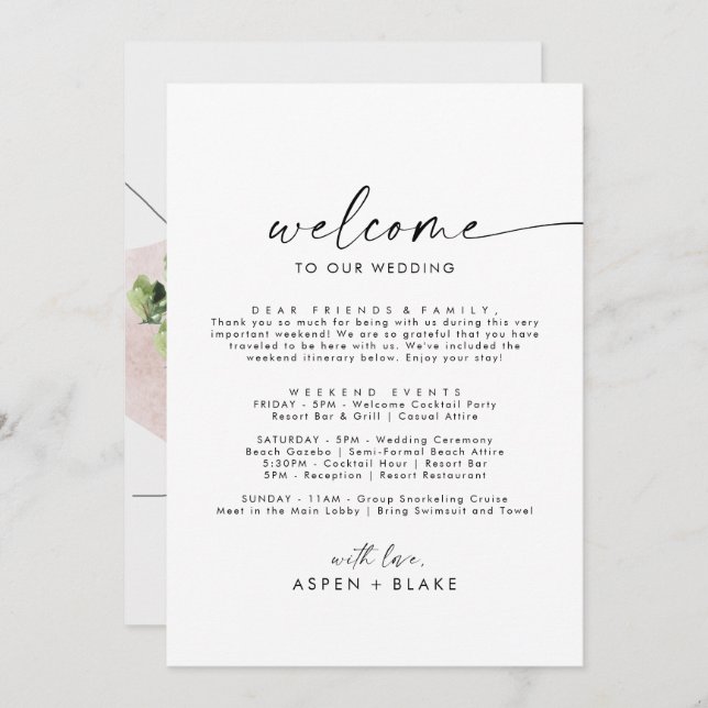 Modern Script Welcome Letter Itinerary & Map (Front/Back)