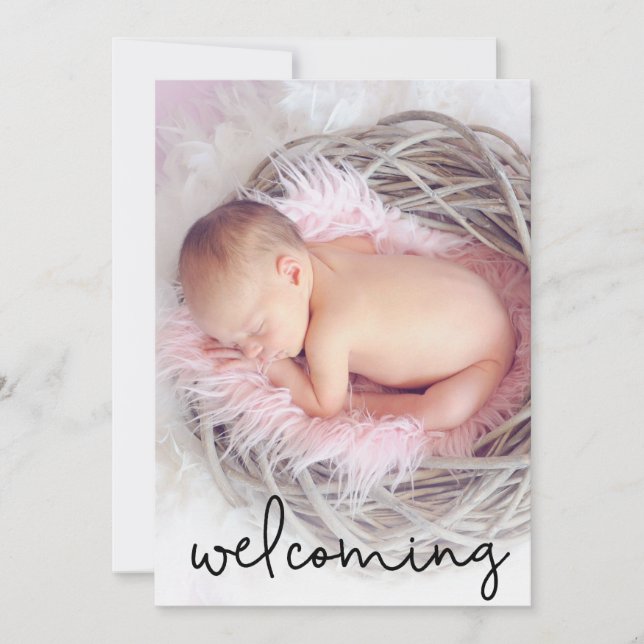 Modern Script Welcoming Baby Girl Photo birth Announcement (Front)