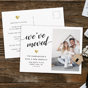 Modern Script We've Moved Gold Heart Photo Moving Announcement Postcard