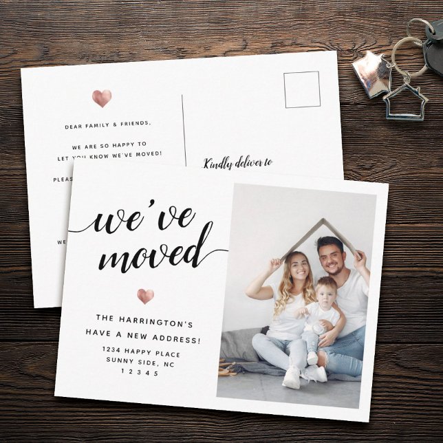 Modern Script We've Moved Rose Gold Photo Moving Announcement Postcard (Creator Uploaded)