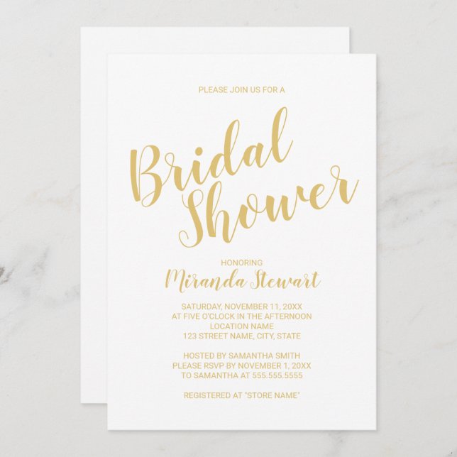 Modern Script White and Gold Bridal Shower Invitation (Front/Back)