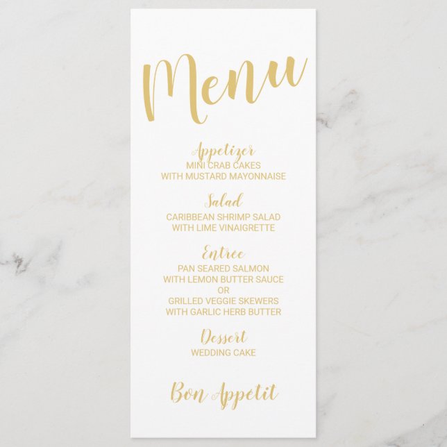 Modern Script White and Gold Wedding Menu (Front)