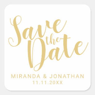Modern Script White and Gold Wedding Save the Date Square Sticker